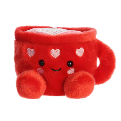 Product view of Aurora Palm Pals Lotti Love Latte, a red plush coffee mug with heart latte art on top.
