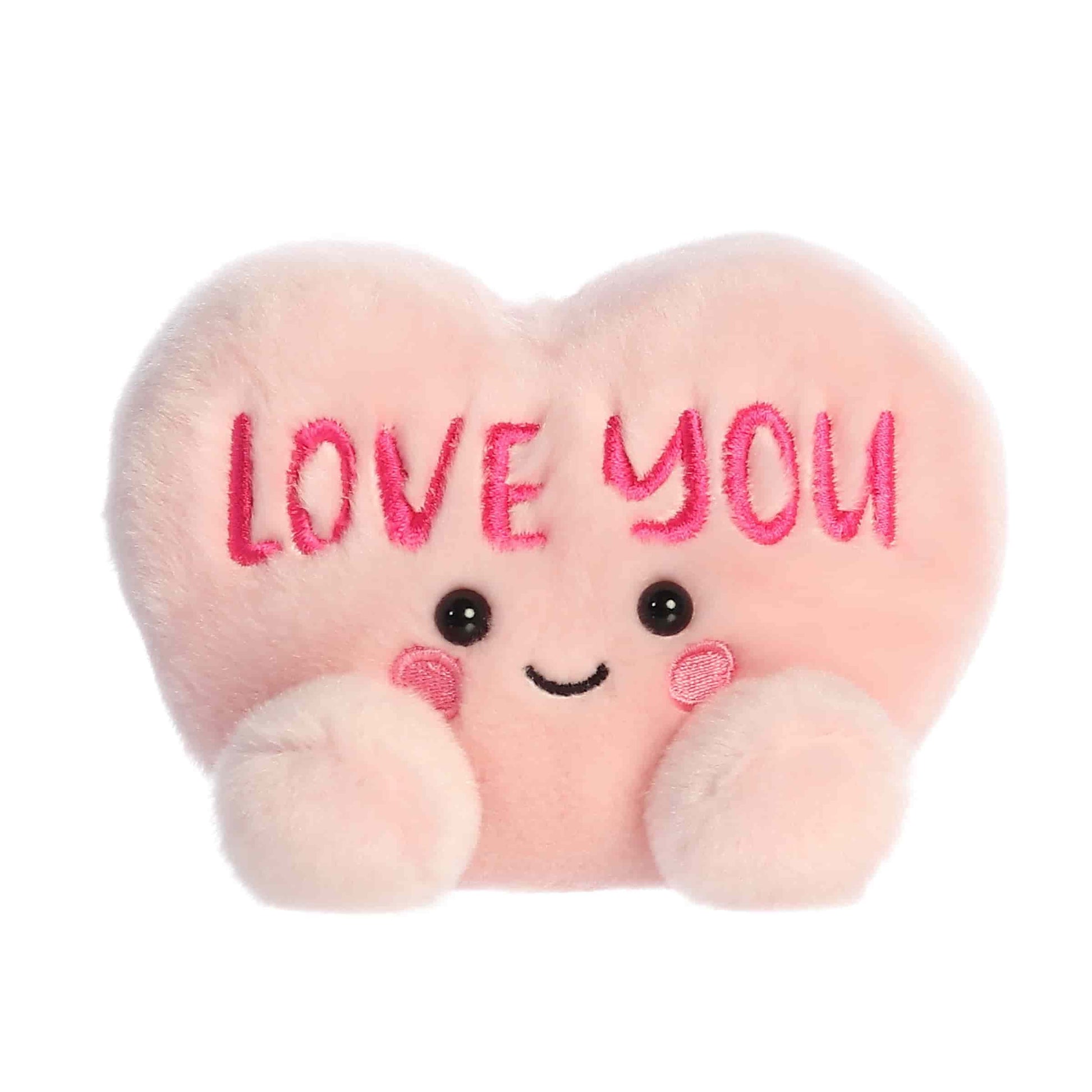 Product view of Aurora Palm Pals Love You Candy Heart, a small pink plush heart with embroidered text.