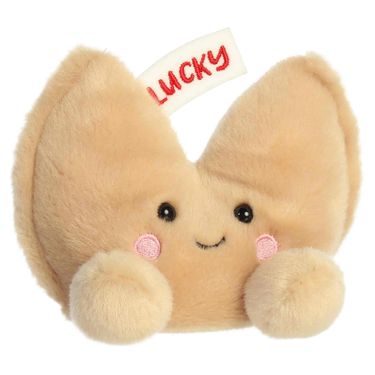 Aurora Palm Pals Lucky Fortune Cookie plush food character featuring golden-brown fur, an embroidered fortune slip reading LUCKY, and rosy cheeks sitting upright.