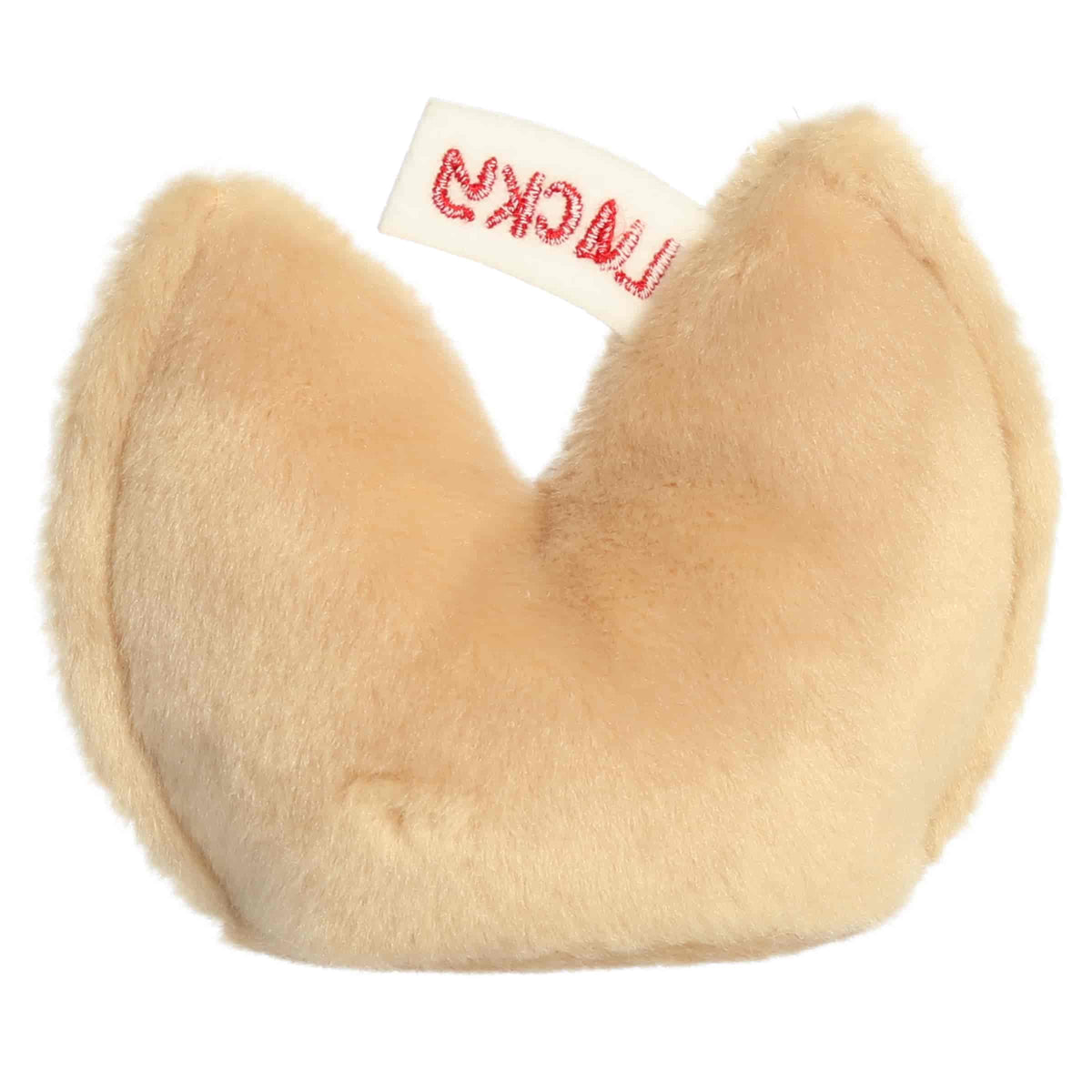 Aurora Palm Pals Lucky Fortune Cookie plush food character featuring golden-brown fur, an embroidered fortune slip reading LUCKY, and rosy cheeks sitting upright.