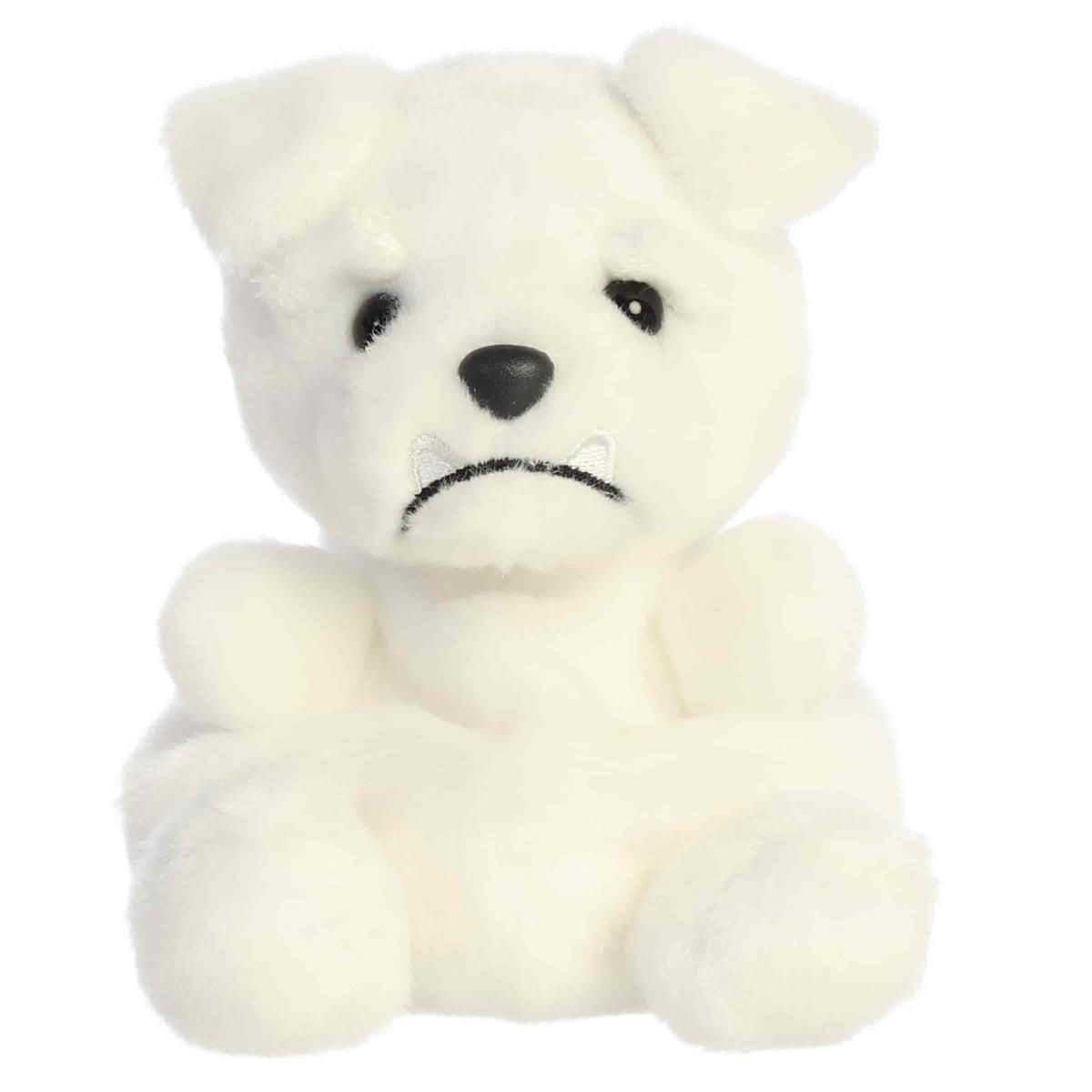 Aurora Palm Pals Mascot White Bulldog plush animal featuring bright white fur, folded ears, thick brows, and stitched silvery teeth sitting upright.