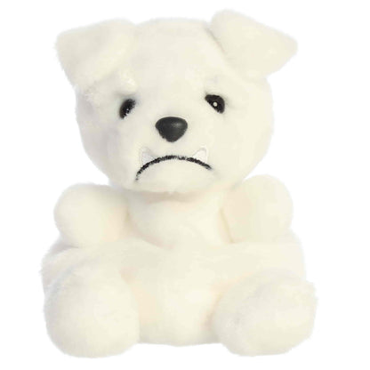 Aurora Palm Pals Mascot White Bulldog plush animal featuring bright white fur, folded ears, thick brows, and stitched silvery teeth sitting upright.