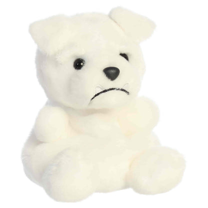 Aurora Palm Pals Mascot White Bulldog plush animal featuring bright white fur, folded ears, thick brows, and stitched silvery teeth sitting upright.