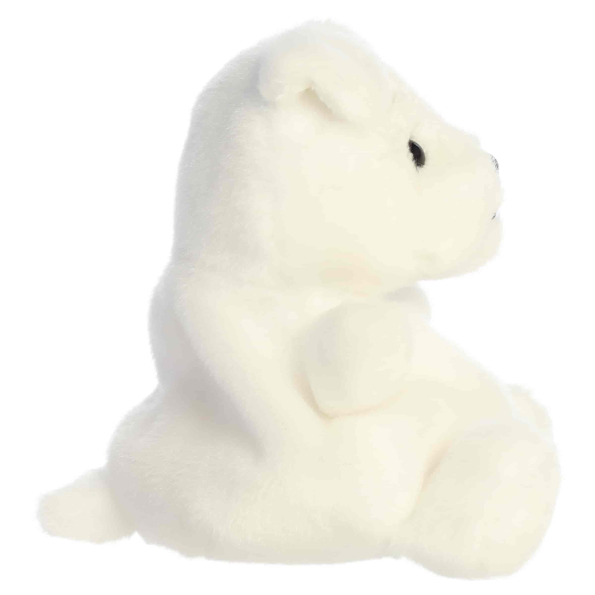 Aurora Palm Pals Mascot White Bulldog plush animal featuring bright white fur, folded ears, thick brows, and stitched silvery teeth sitting upright.