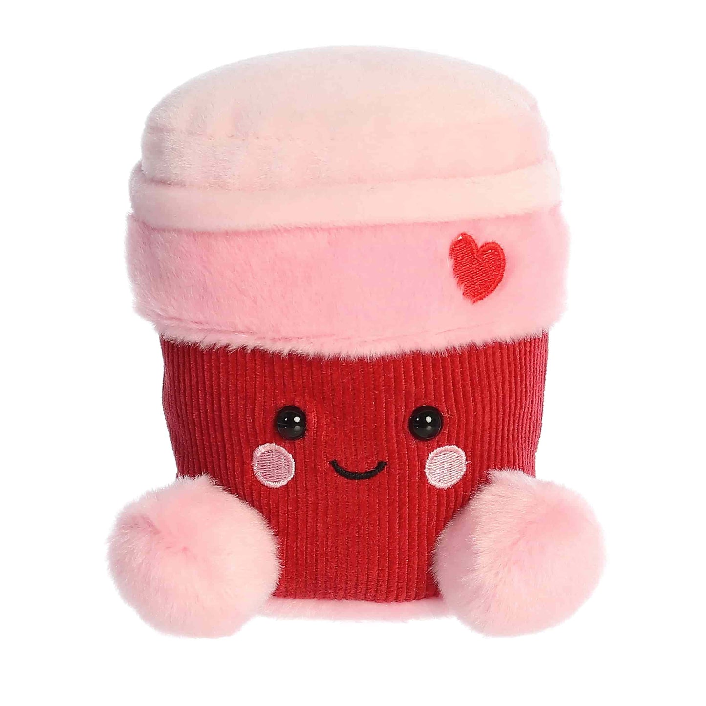 Product view of Aurora Palm Pals Parker Heart Coffee, a plush coffee cup with a red textured body and pink lid featuring a heart.