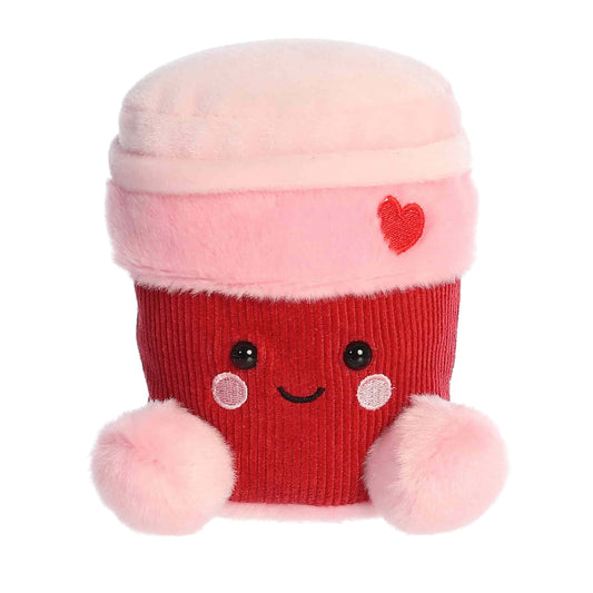 Product view of Aurora Palm Pals Parker Heart Coffee, a plush coffee cup with a red textured body and pink lid featuring a heart.