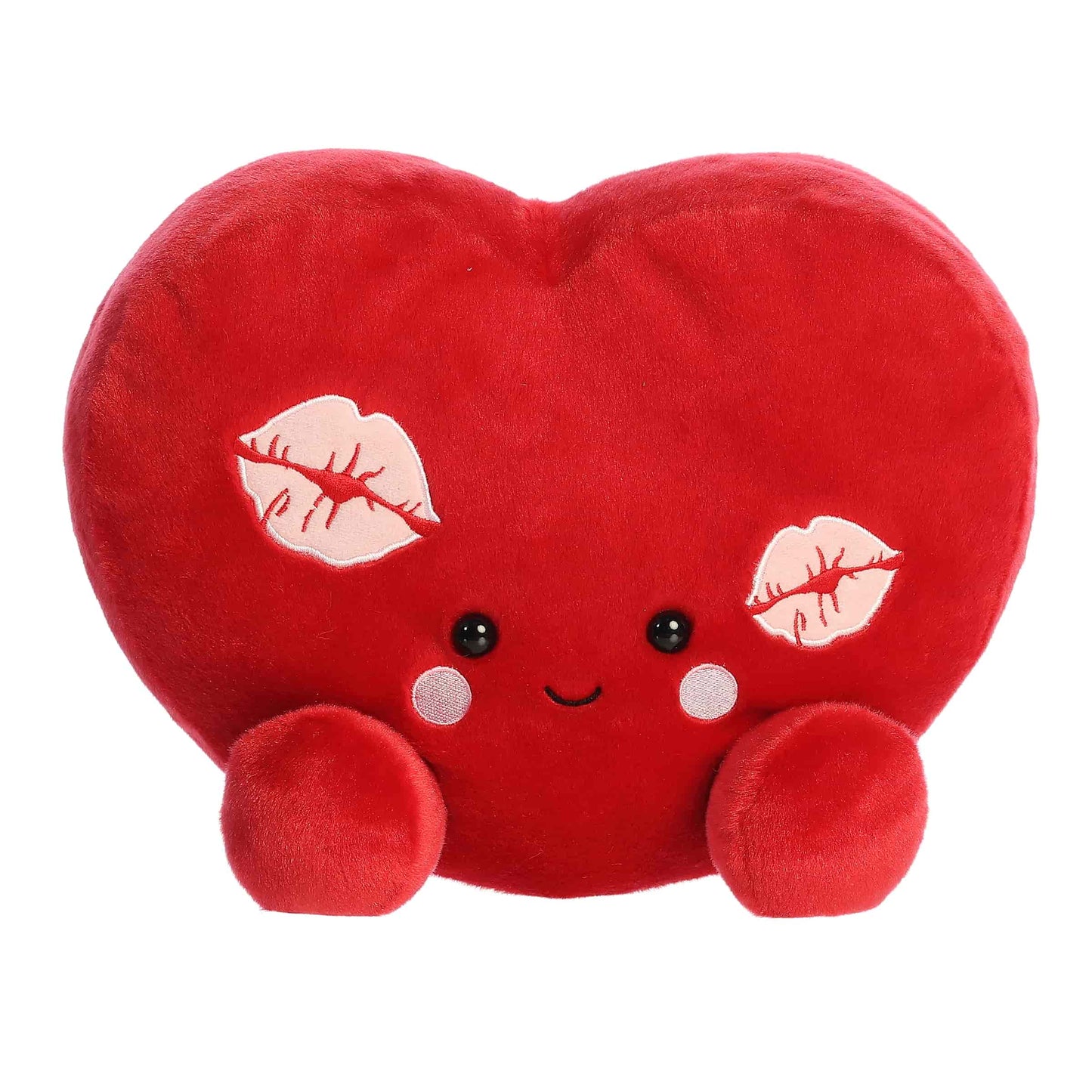 Product view of Aurora Party-Sized Palm Pals Kimi Kisses Heart, a large 13-inch red plush heart with embroidered kiss marks.