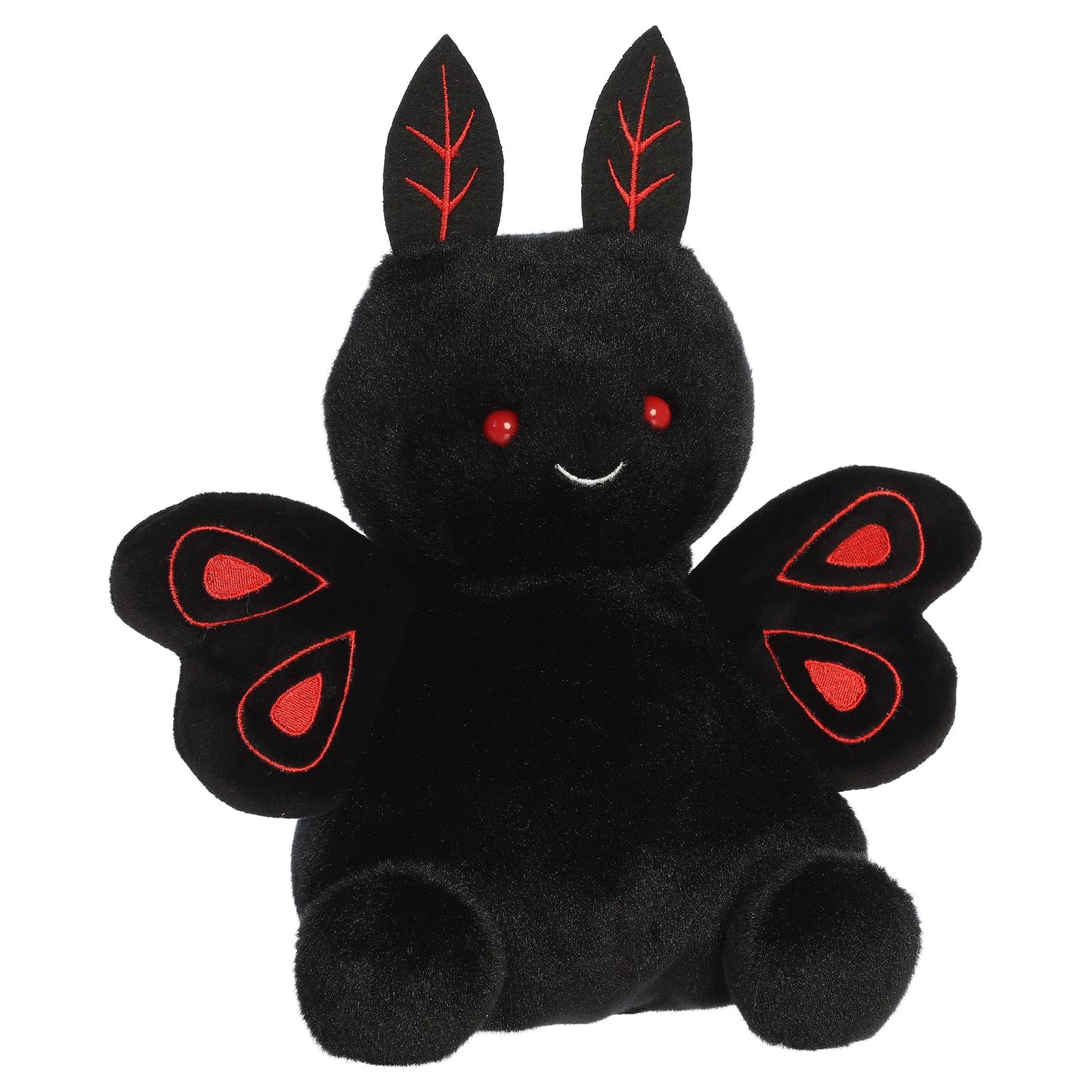 Party Sized Mortimer Mothman plush from Aurora Palm Pals featuring velvety deep black fur, piercing red eyes, and distinctive red embroidered wings.