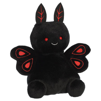 Party Sized Mortimer Mothman plush from Aurora Palm Pals featuring velvety deep black fur, piercing red eyes, and distinctive red embroidered wings.