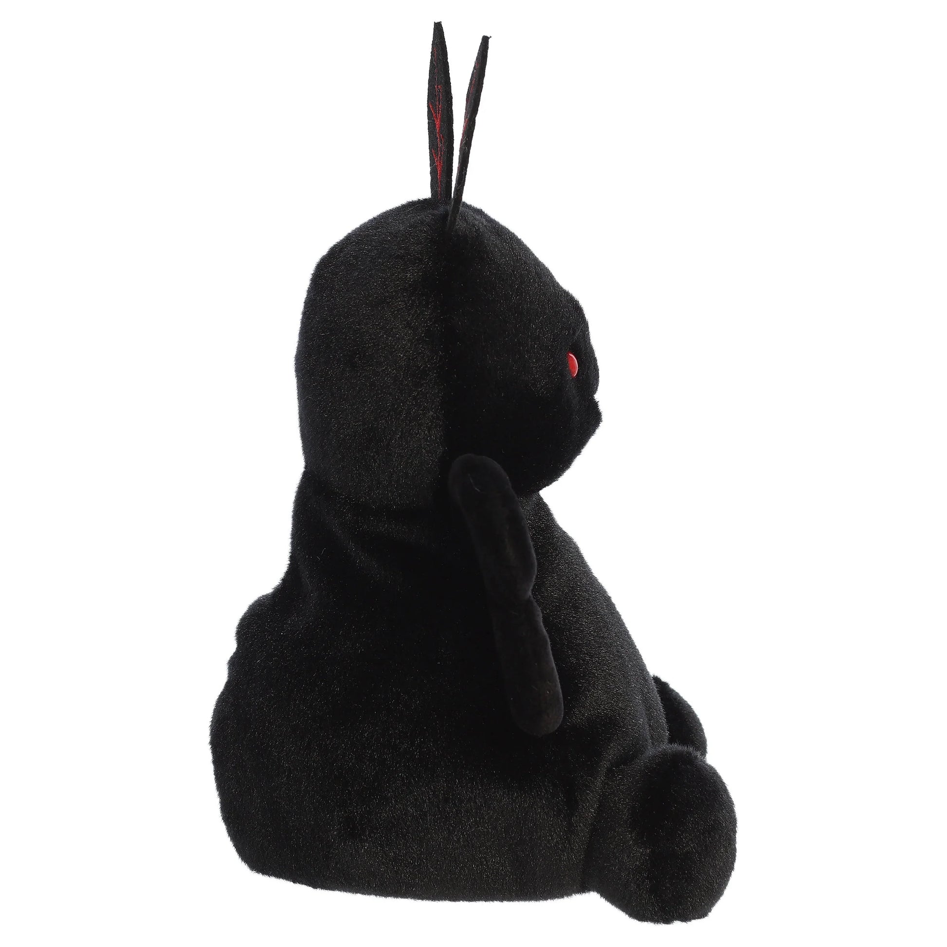 Party Sized Mortimer Mothman plush from Aurora Palm Pals featuring velvety deep black fur, piercing red eyes, and distinctive red embroidered wings.