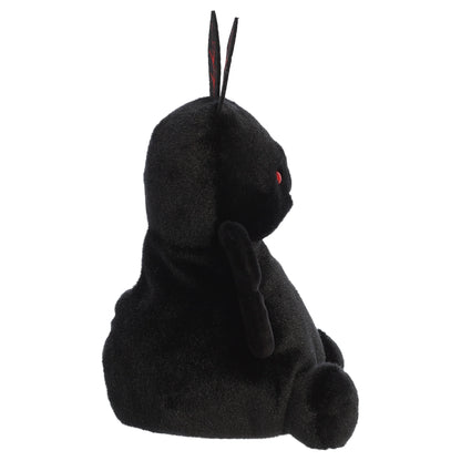Party Sized Mortimer Mothman plush from Aurora Palm Pals featuring velvety deep black fur, piercing red eyes, and distinctive red embroidered wings.