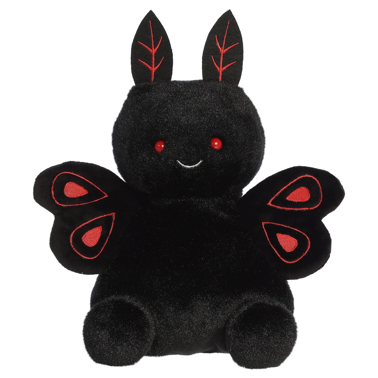 Party Sized Mortimer Mothman plush from Aurora Palm Pals featuring velvety deep black fur, piercing red eyes, and distinctive red embroidered wings.