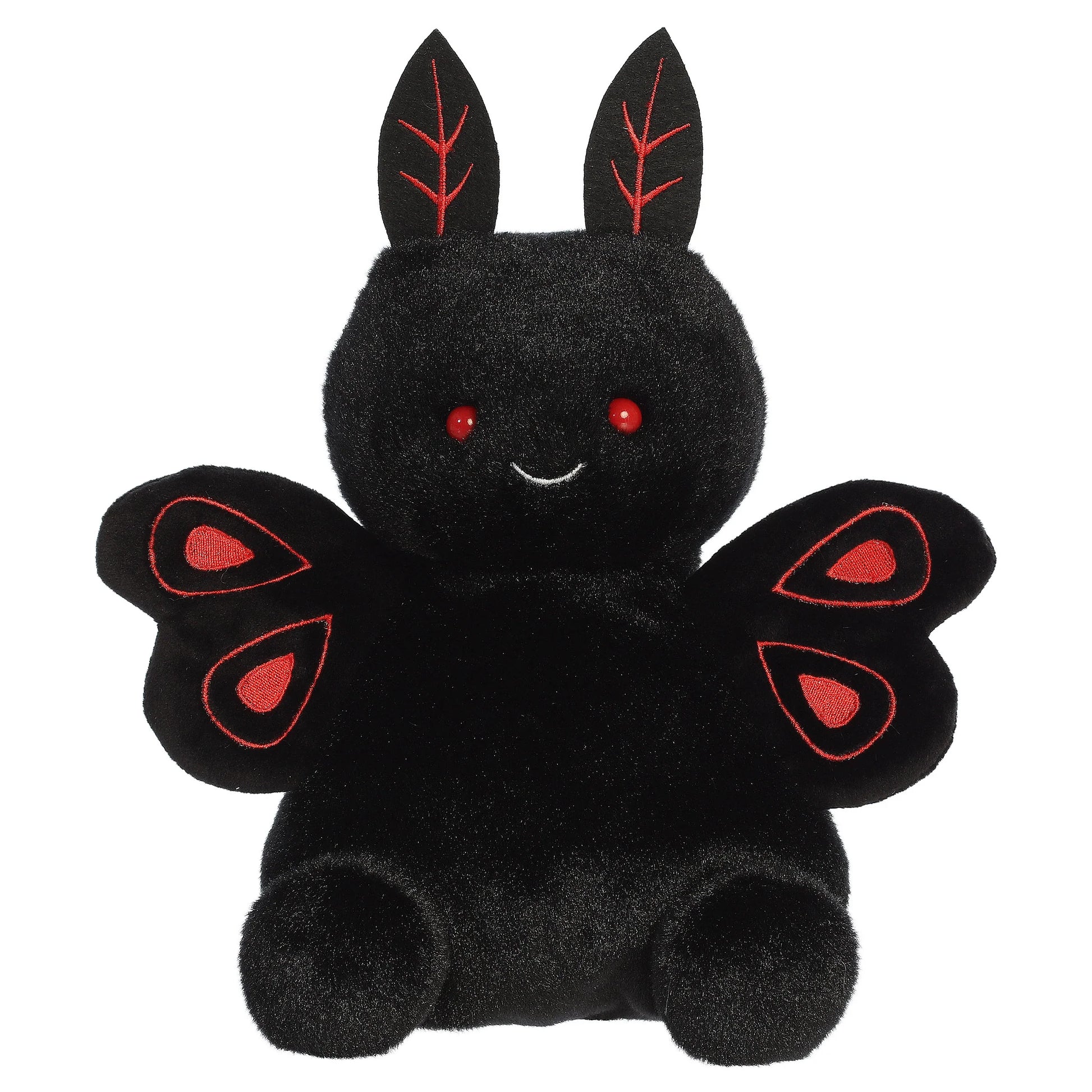 Party Sized Mortimer Mothman plush from Aurora Palm Pals featuring velvety deep black fur, piercing red eyes, and distinctive red embroidered wings.