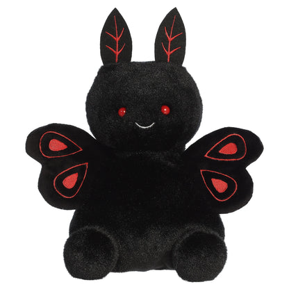 Party Sized Mortimer Mothman plush from Aurora Palm Pals featuring velvety deep black fur, piercing red eyes, and distinctive red embroidered wings.
