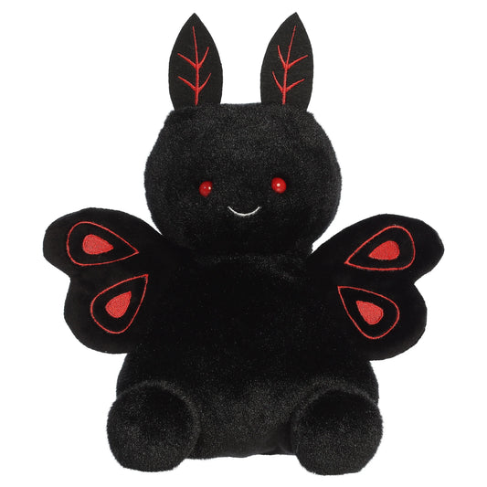Party Sized Mortimer Mothman plush from Aurora Palm Pals featuring velvety deep black fur, piercing red eyes, and distinctive red embroidered wings.