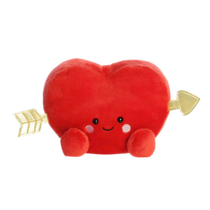 Product view of Aurora Party-Sized Palm Pals Romeo Cupid Heart, an 8-inch red plush heart with a gold arrow.