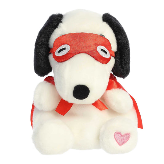 Product view of Aurora Palm Pals Snoopy Kissing Bandit plush, a white dog wearing a red mask and cape with a heart on its foot.