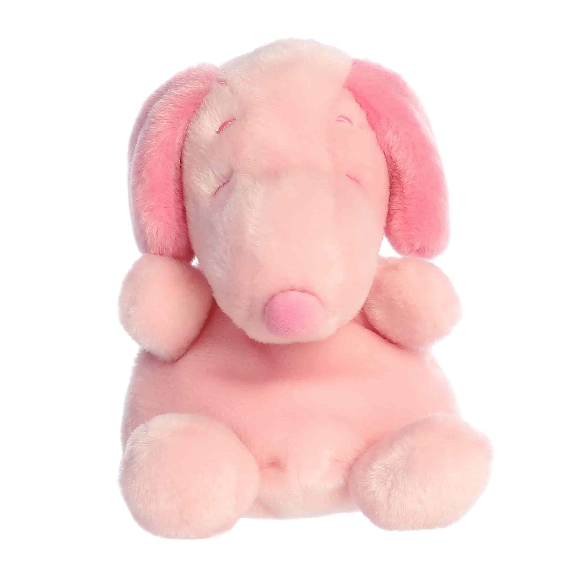 Front  view of Aurora Palm Pals Peanuts Snoopy Pink, a small beagle plush.