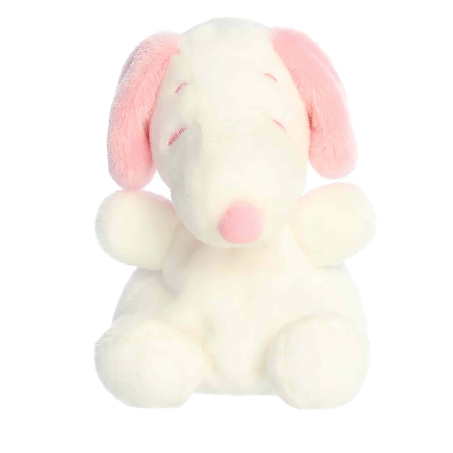 Front view of Aurora Palm Pals Peanuts Snoopy Pink & White Valentine's Day plush