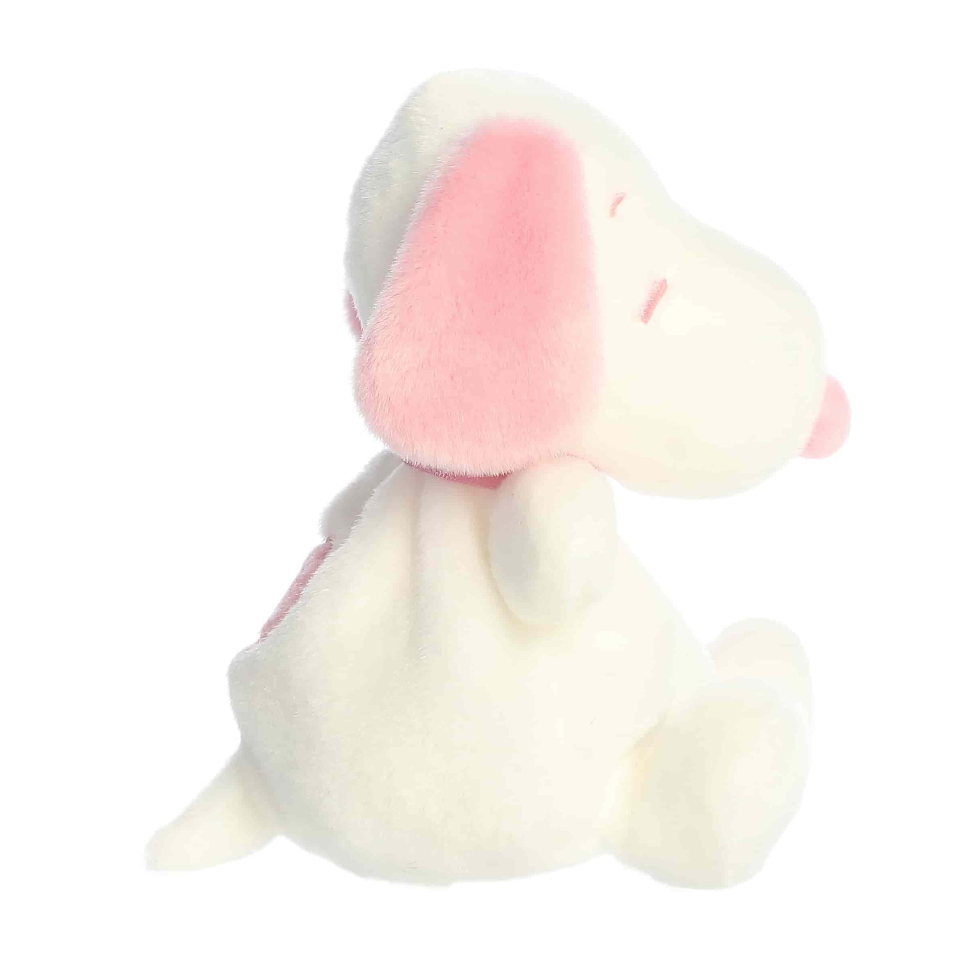 Side view of Aurora Palm Pals Peanuts Snoopy Pink & White Valentine's Day plush