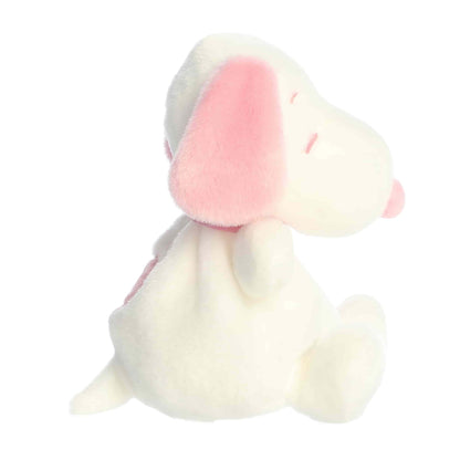 Side view of Aurora Palm Pals Peanuts Snoopy Pink & White Valentine's Day plush