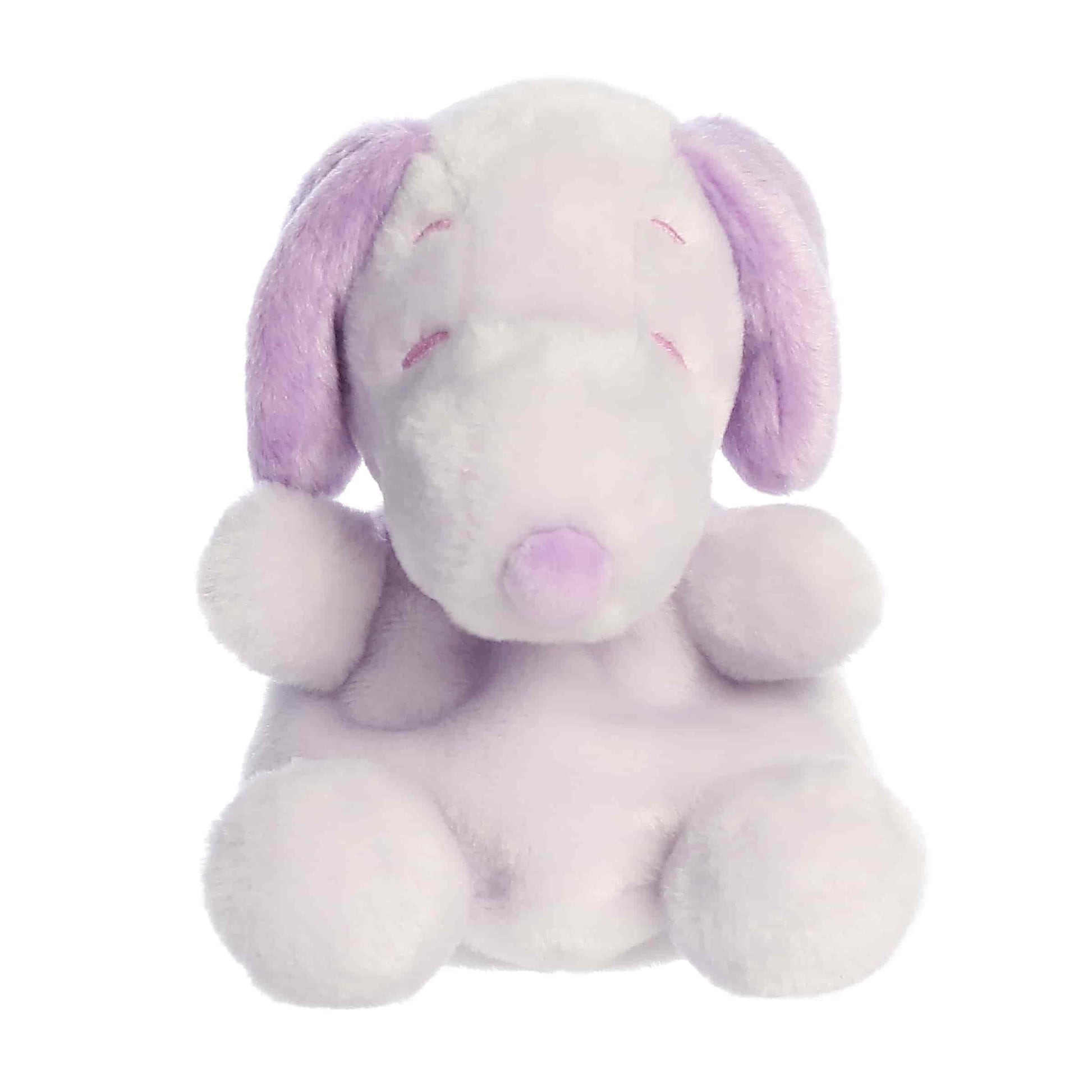 Front view of Aurora Palm Pals Peanuts Snoopy Purple, a small beagle plush. 