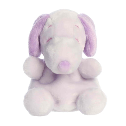 Front view of Aurora Palm Pals Peanuts Snoopy Purple, a small beagle plush. 