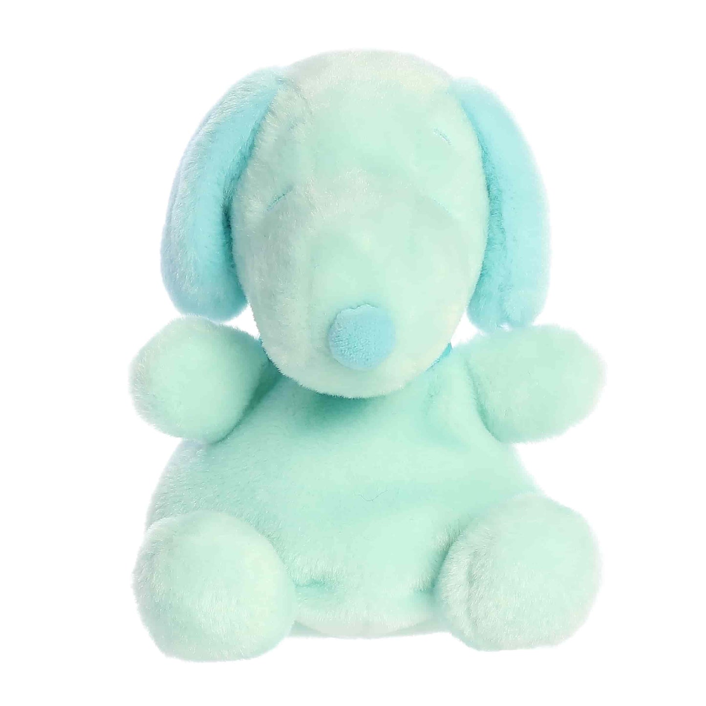 Front view of Aurora Palm Pals Peanuts Snoopy Teal, a small beagle plush.