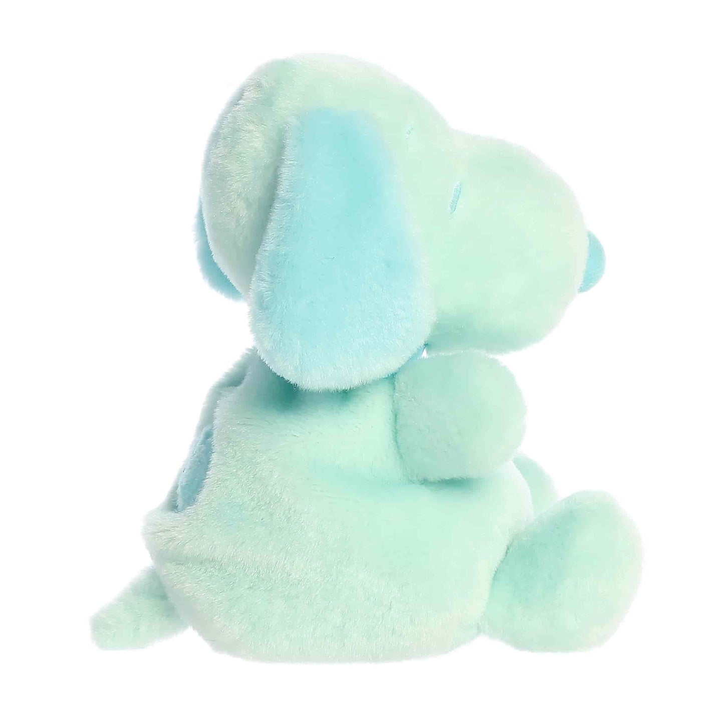 Side view of Aurora Palm Pals Peanuts Snoopy Teal, a small beagle plush.