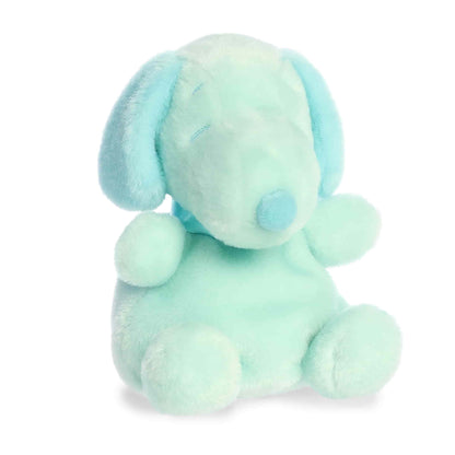 Product view of Aurora Palm Pals Peanuts Snoopy Teal, a small beagle plush with teal ears and nose, sitting in a relaxed pose.