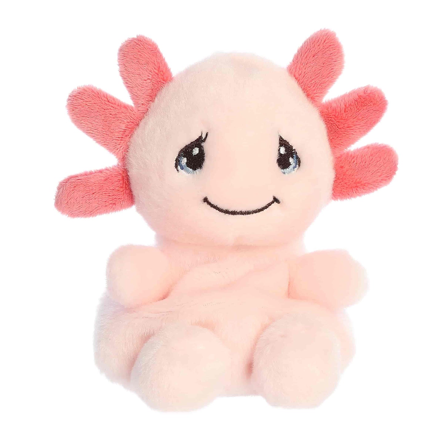 Plush toy resembling an axolotl with pink 'hair' on a white background