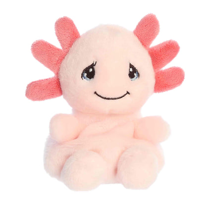 Plush toy resembling an axolotl with pink 'hair' on a white background