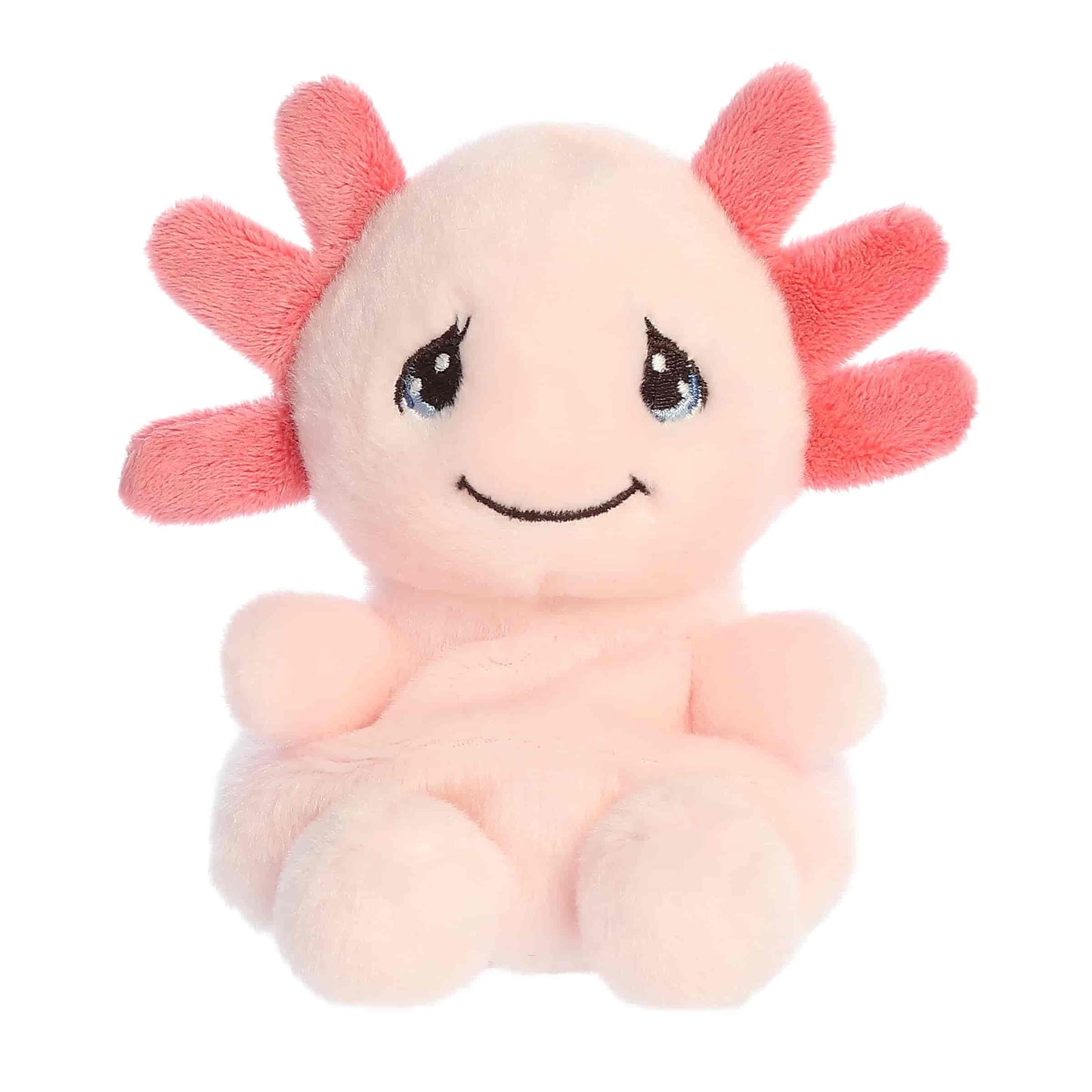 Aurora Palm Pals Precious Moments plush featuring Lottie the pink axolotl with signature teardrop eyes.