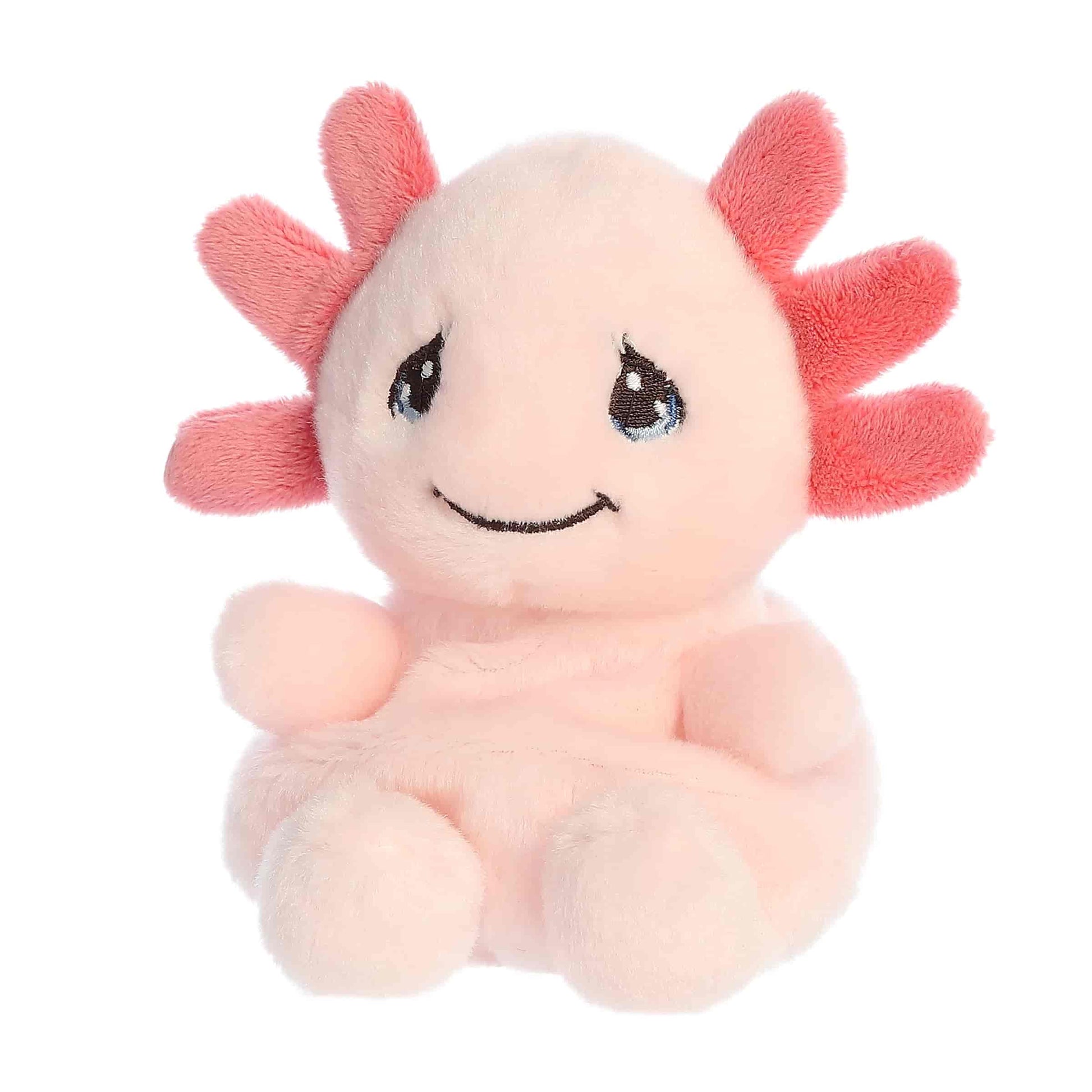 Aurora Palm Pals Precious Moments plush featuring Lottie the pink axolotl with signature teardrop eyes.