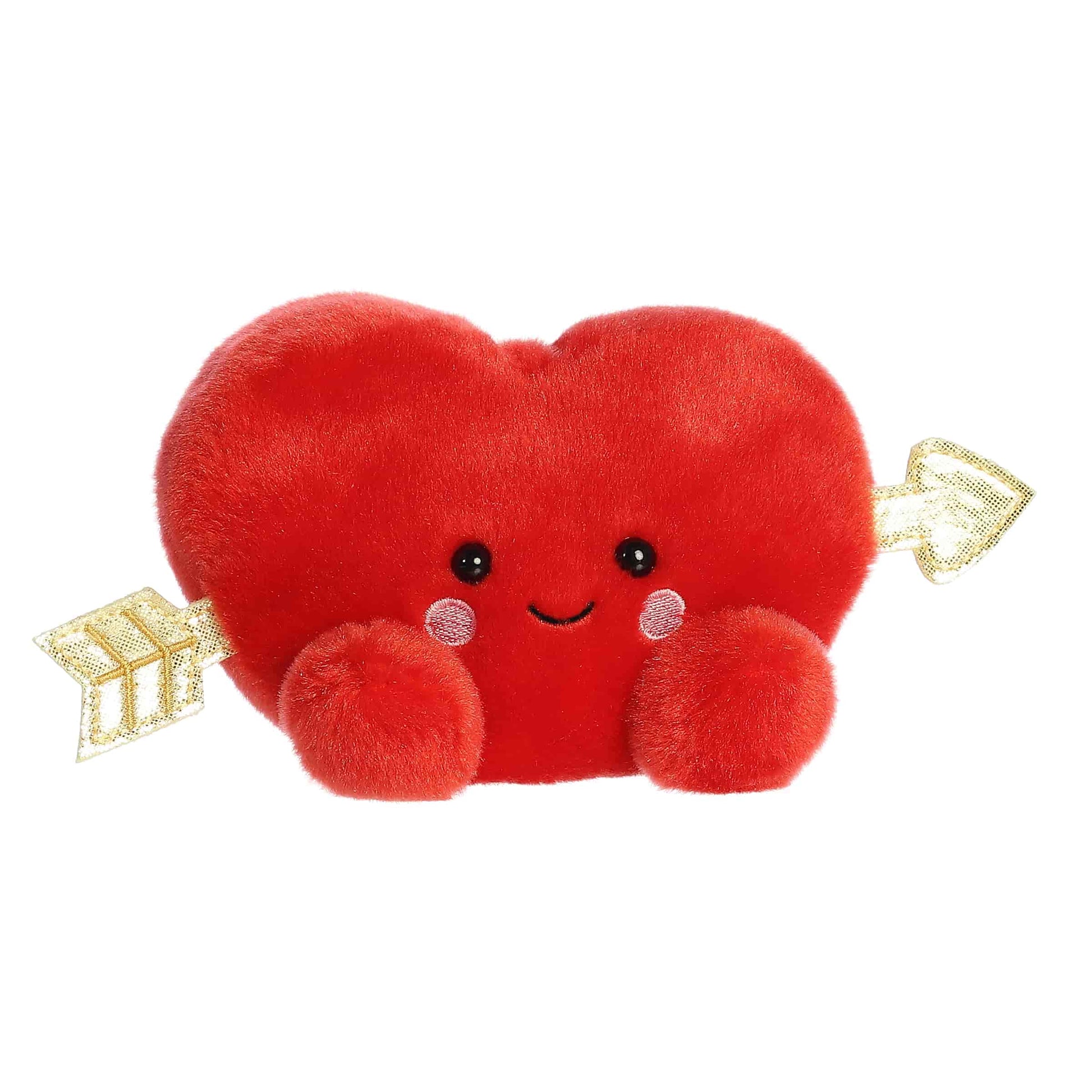 Angled view of Aurora Palm Pals Romeo Cupid Heart, a small 5-inch red plush heart. 