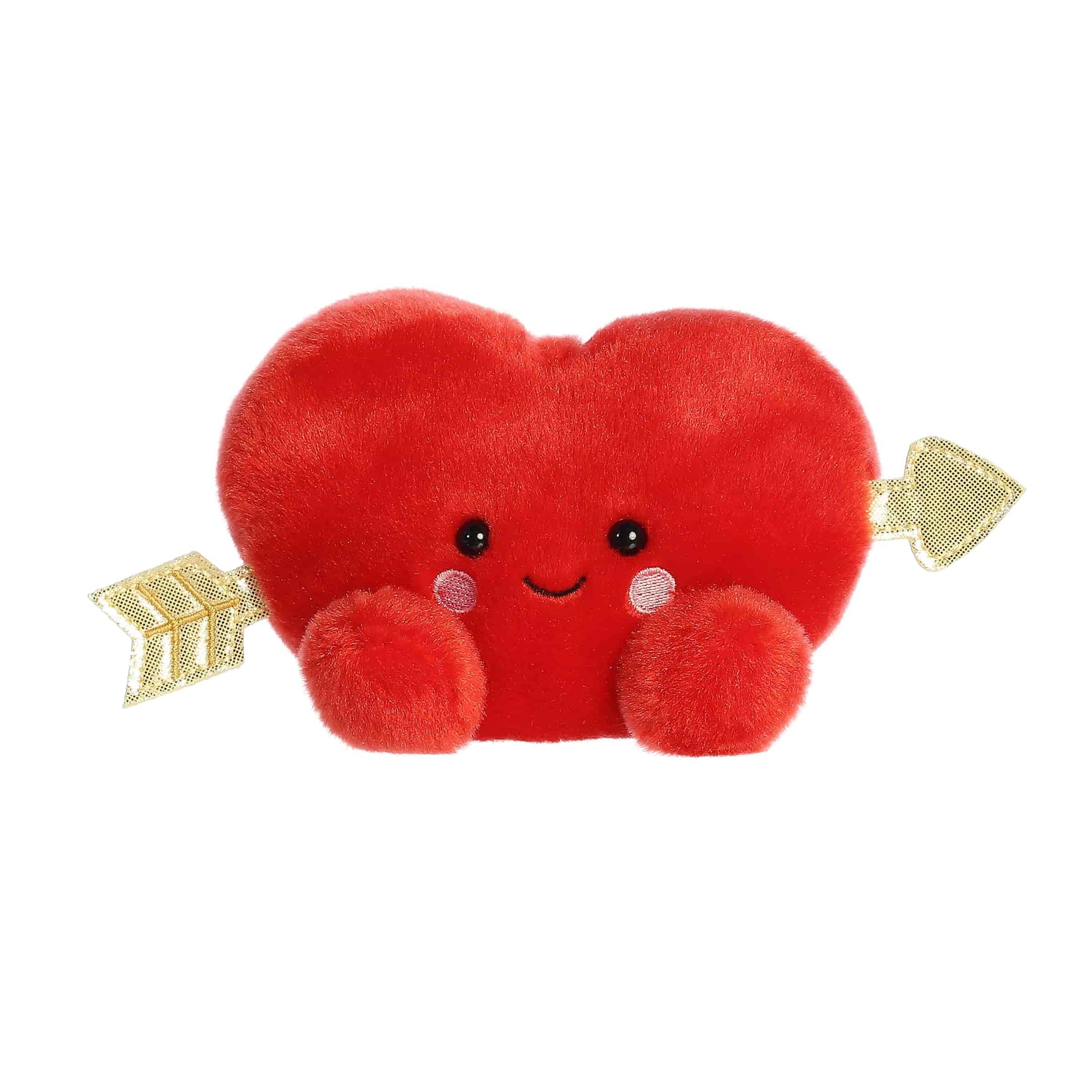 Product view of Aurora Palm Pals Romeo Cupid Heart, a small 5-inch red plush heart with a gold arrow.