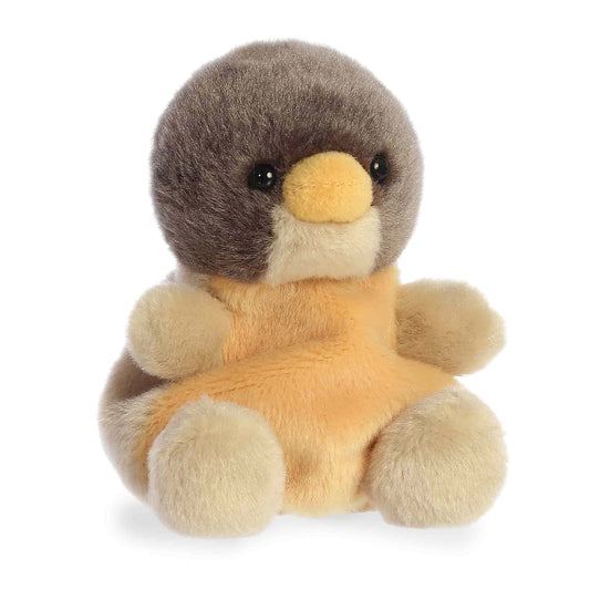 Product view of Aurora Palm Pals Rudi Robin, a small bird plush with a brown body, orange chest, and yellow beak.