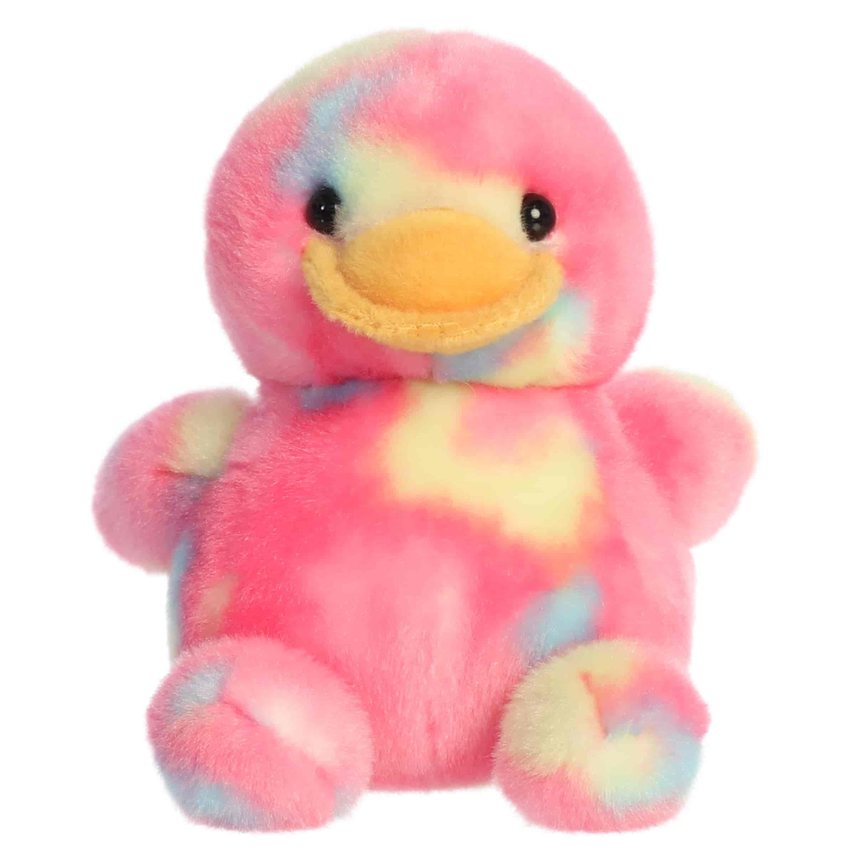 Aurora Palm Pals Shimmer Rubber Ducky plush animal featuring bright pink tie-dye fur with pastel spots, an orange bill, and dark eyes sitting upright.