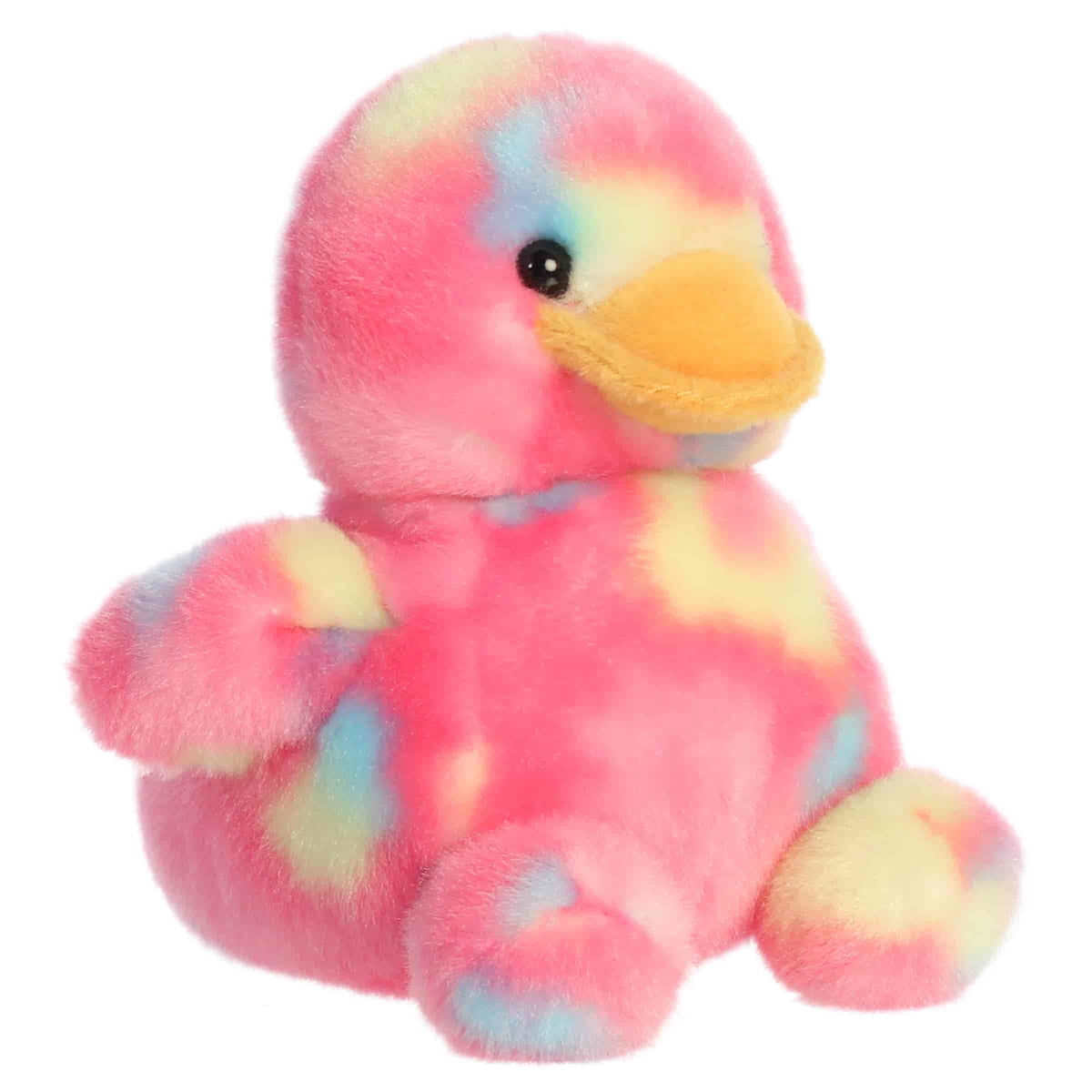 Aurora Palm Pals Shimmer Rubber Ducky plush animal featuring bright pink tie-dye fur with pastel spots, an orange bill, and dark eyes sitting upright.
