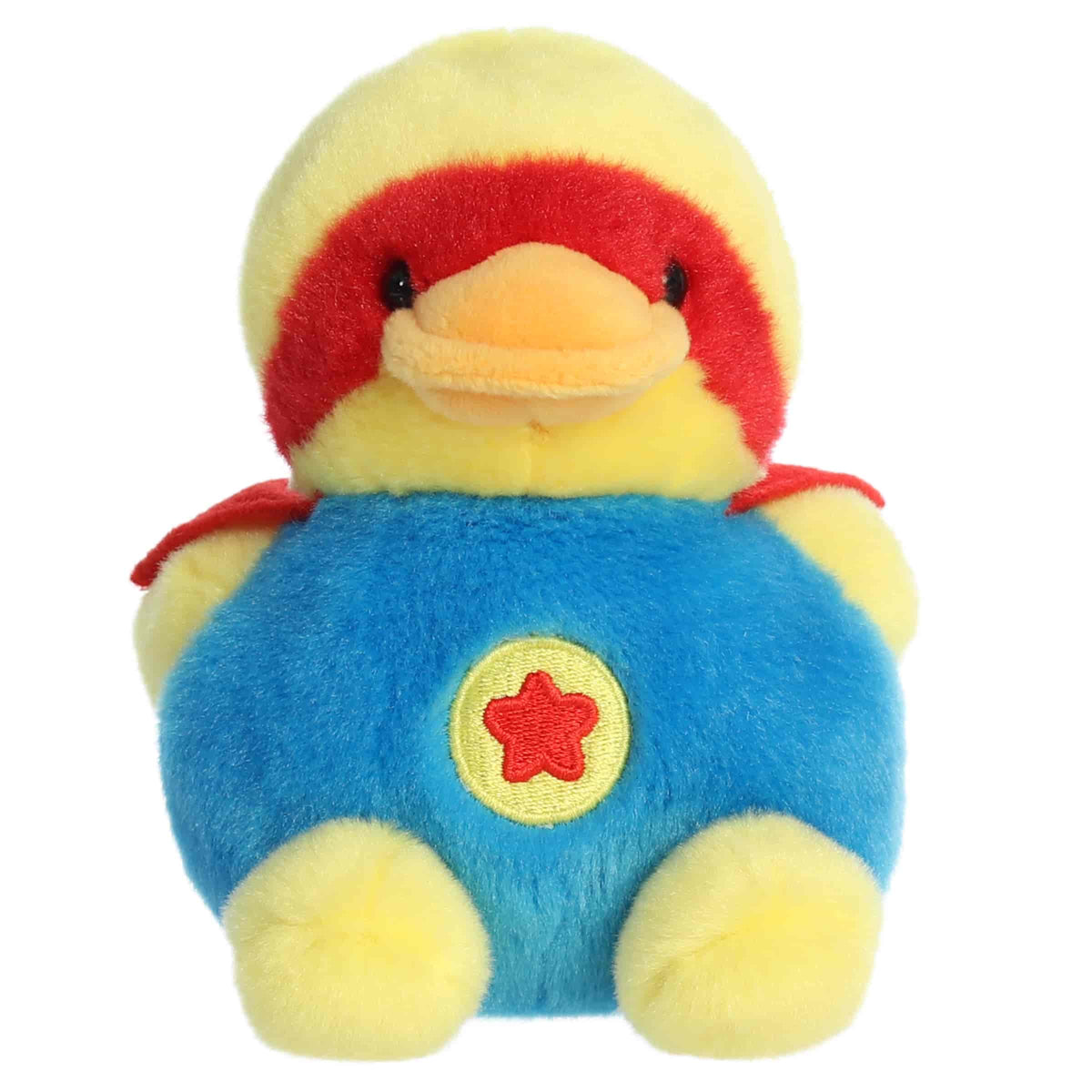 Aurora Palm Pals Super-Sud Super Duck plush animal featuring yellow fur, a red mask and cape, and a blue suit with an embroidered star emblem sitting upright.
