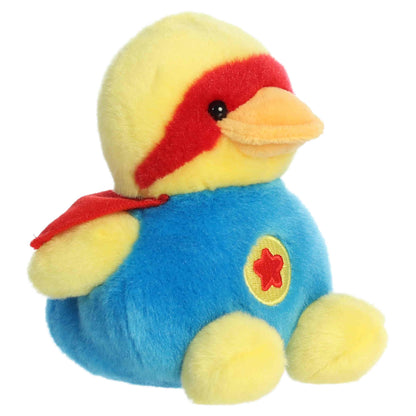 Aurora Palm Pals Super-Sud Super Duck plush animal featuring yellow fur, a red mask and cape, and a blue suit with an embroidered star emblem sitting upright.