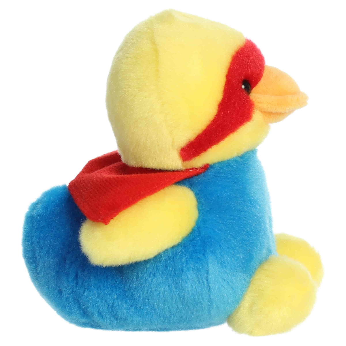 Aurora Palm Pals Super-Sud Super Duck plush animal featuring yellow fur, a red mask and cape, and a blue suit with an embroidered star emblem sitting upright.