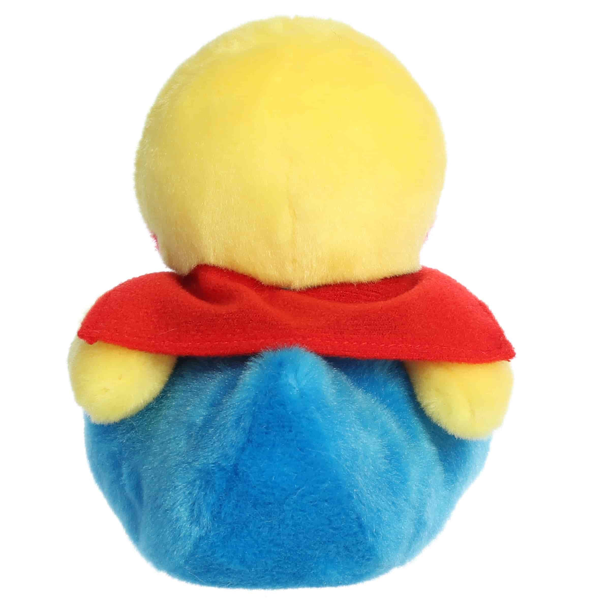 Aurora Palm Pals Super-Sud Super Duck plush animal featuring yellow fur, a red mask and cape, and a blue suit with an embroidered star emblem sitting upright.