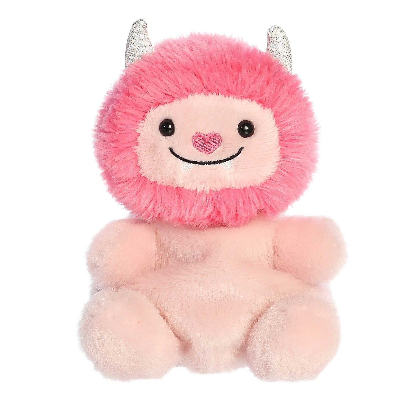 Product view of Aurora Palm Pals Susan Love Monster plush, a pink monster with a fluffy hot pink mane, heart nose, and silver glittery horns.