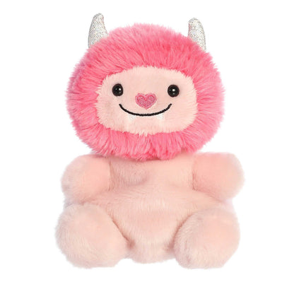 Product view of Aurora Palm Pals Susan Love Monster plush, a pink monster with a fluffy hot pink mane, heart nose, and silver glittery horns.