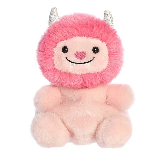 Product view of Aurora Palm Pals Susan Love Monster plush, a pink monster with a fluffy hot pink mane, heart nose, and silver glittery horns.