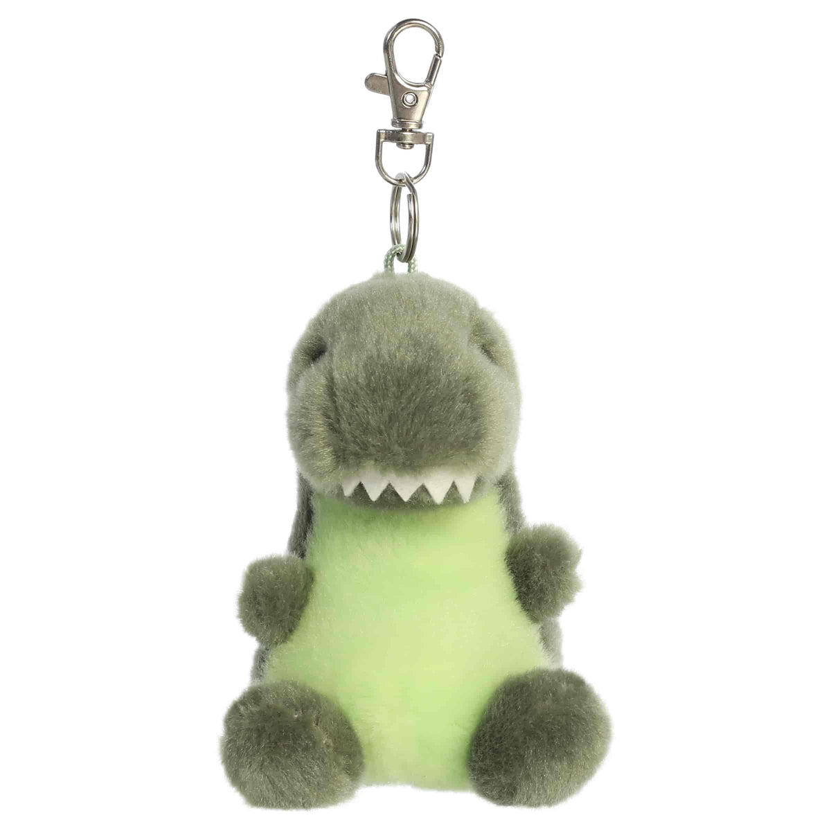 Aurora Palm Pals Tyranno Rex plush clip-on featuring soft green fur, light green belly, felt teeth, and a silver swivel clasp.