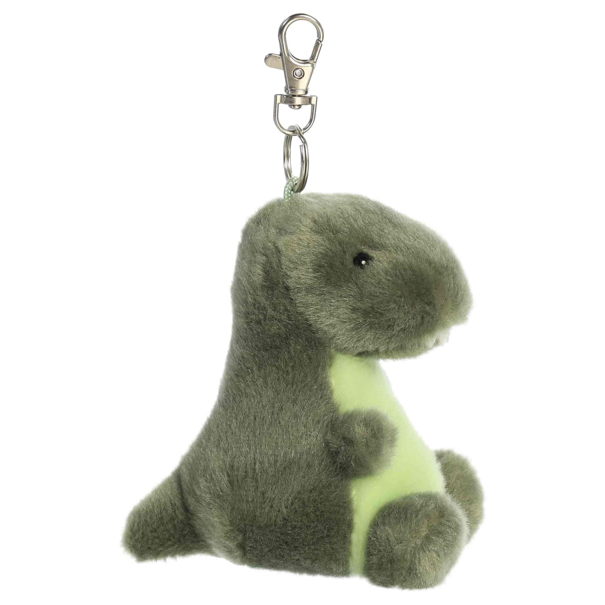 Aurora Palm Pals Tyranno Rex plush clip-on featuring soft green fur, light green belly, felt teeth, and a silver swivel clasp.