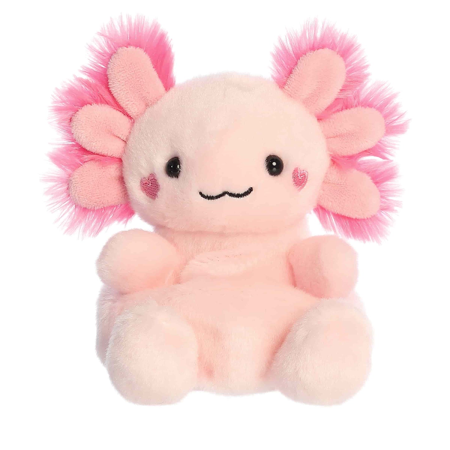 Product view of Aurora Palm Pals Xena Love Axolotl, a pink axolotl plush with fuzzy gills and hearts embroidered on its cheeks.