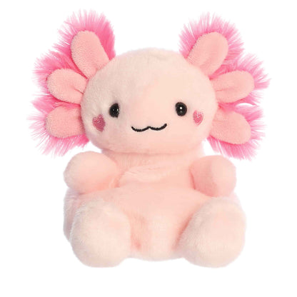 Product view of Aurora Palm Pals Xena Love Axolotl, a pink axolotl plush with fuzzy gills and hearts embroidered on its cheeks.